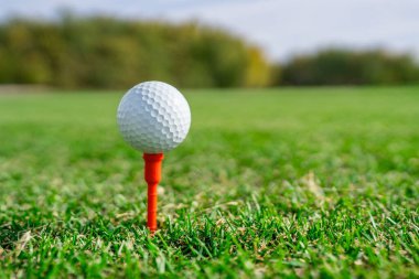 Canlı ve yemyeşil bir manzaraya karşı dizilmiş golf topunun detaylı bir yakın görüntüsü.