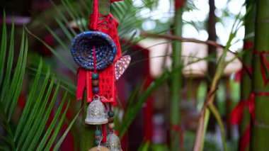 Yalong Körfezi, Çin - 14 Ekim 2024: yemyeşil, yemyeşil bir çevreyi süsleyen canlı kırmızı dua etiketleri umudu, emelleri ve dilekleri güzel bir şekilde sembolize eder