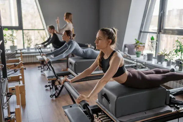Kuğu egzersizi yapan kadınlar, göğüs ve sırt kasları için Pilates Reformcusu, esneklik, güç ve kararlılıkla kontrol üzerine odaklanıyorlar.
