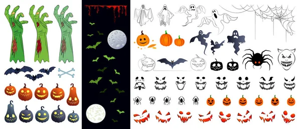 Conjunto Varios Dibujos Vectoriales Para Halloween Calabazas Fantasmas Manos Zombies — Vector de stock
