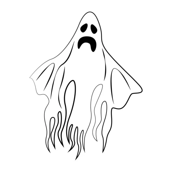 Fantôme Blanc Avec Contour Noir Visage Effrayant Illustration Vectorielle Halloween — Image vectorielle