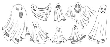 Cadılar Bayramı için bir grup hayalet. Uçan hayaletler, vektör çizimleri, el çizimleri. Çizgi çalışması. Çizim çizimi