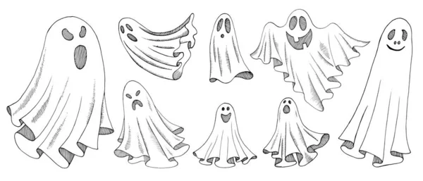 ハロウィーンの幽霊のセット 空飛ぶファントム ベクターイラスト 手描き 線画だ スケッチイラスト — ストックベクタ