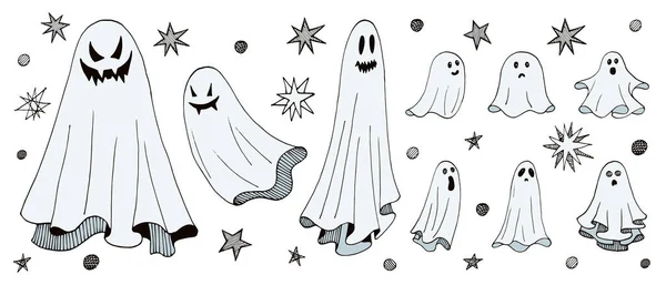 Uppsättning Spöken Flygande Fantomer För Halloween Vektorillustration Handritade Linjekonst Skiss — Stock vektor