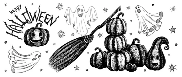 Happy Halloween Handgezeichnetes Set Vektorillustration Dekorationsvorlage Für Halloween Kürbisse Geister — Stockvektor
