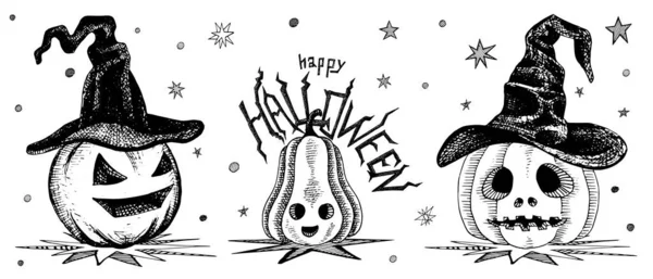 Illustration Vectorielle Félicitations Pour Halloween Citrouilles Dans Des Chapeaux Sorcière — Image vectorielle