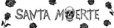 Santa Muerte bayramı için bir resim. Güllü siyah beyaz kafatası. İnsan kafatasından filizlenen çiçekler. Dövmeler, kartlar, kapaklar, afişler için vektör çizimi