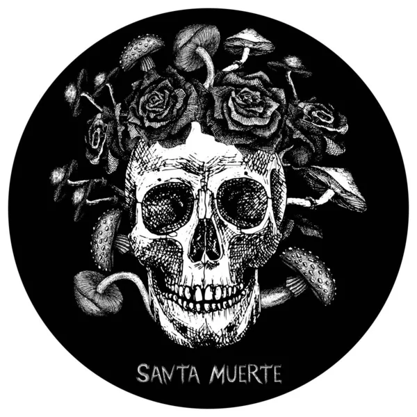 Santa Muerte Bayramı Için Bir Resim Gül Mantarlı Siyah Beyaz — Stok Vektör