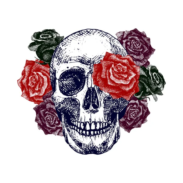 头盖骨上有玫瑰彩色矢量手绘纹身 这种构图是死亡 心理神秘主义 幻觉状态的化身 开花的骷髅 — 图库矢量图片