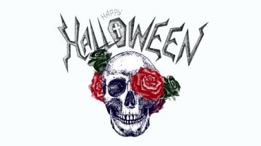 Mutlu Cadılar Bayramı mektupları, el yazısı ve güllü kafatası. Tebrik videosu. İnsan kafatası ve stilize Cadılar Bayramı yazı tipi. Döngülü canlandırma