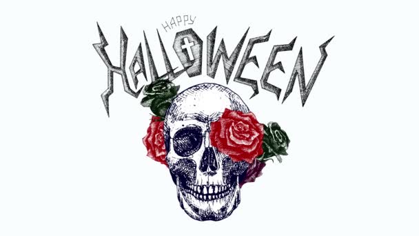 Szczęśliwego Halloween Liternictwo Kaligrafia Czaszka Różami Gratuluję Nagrania Ludzka Czaszka — Wideo stockowe