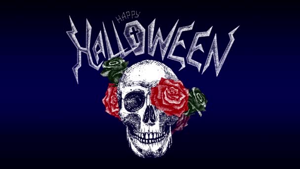 Vrolijk Halloween Een Schedel Met Rozen Een Donkerblauwe Achtergrond Gefeliciteerd — Stockvideo