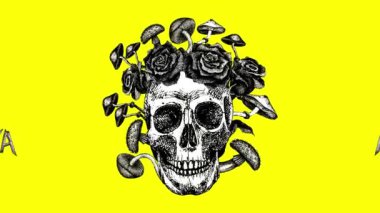Santa Muerte, içinde insan kafatası, güller ve mantarlar büyüyen döngülü bir animasyon. Değişen parlak arkaplanda siyah beyaz grafikler