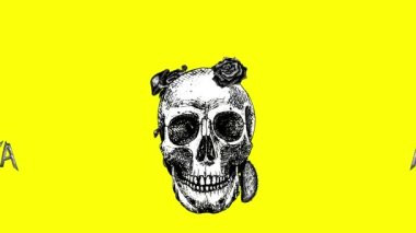 Santa Muerte, içinde insan kafatası, güller ve mantarlar büyüyen döngülü bir animasyon. Değişen parlak arkaplanda siyah beyaz grafikler