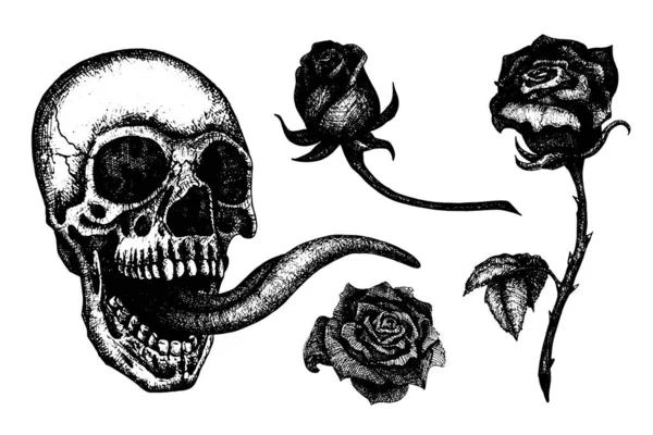 開いた口と長い舌を持つ頭蓋骨 ベクトルハンドは人間の頭蓋骨とバラの花を描いた 入れ墨 恐怖のためのスタイル — ストックベクタ