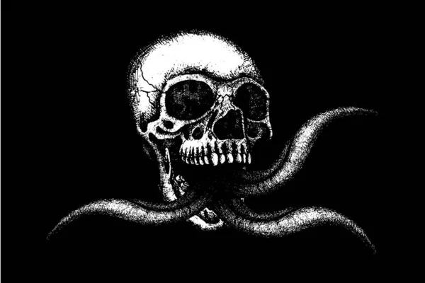 Menschlicher Schädel Mit Drei Zungen Horrorvektorillustration Schwarz Weiß Illustration Zum — Stockvektor