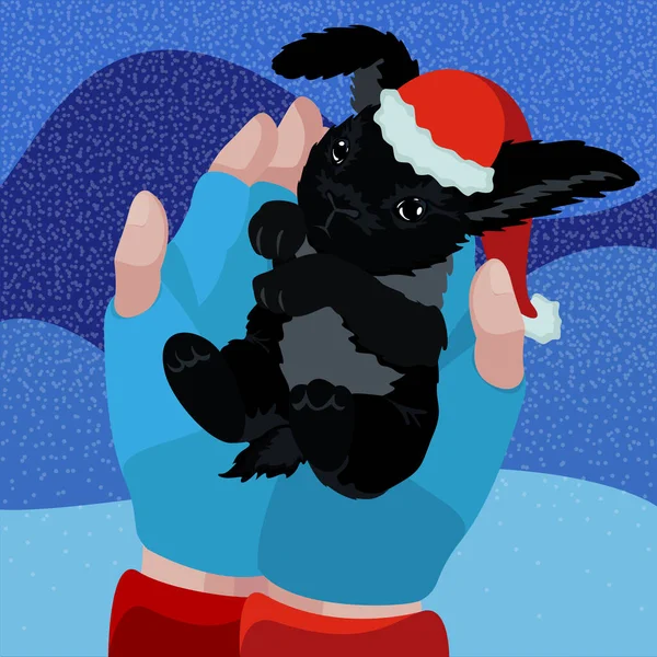 Karácsonyi Illusztráció Egy Kis Nyuszival Kezében Aranyos Nyúl Karácsonyi Kalapban — Stock Vector