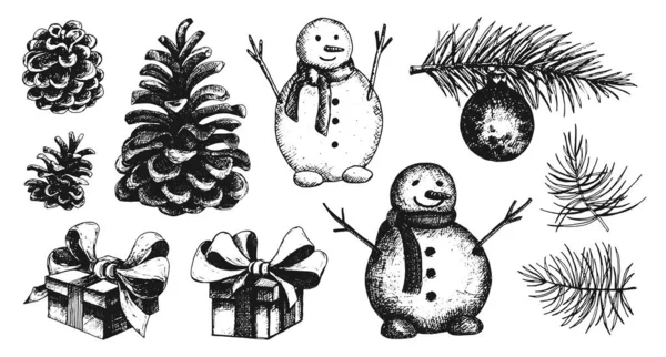 Állítsa Karácsonyi Újévi Tárgyak Elszigetelt Fehér Háttér Fenyőtoboz Fenyőág Karácsonyi — Stock Vector