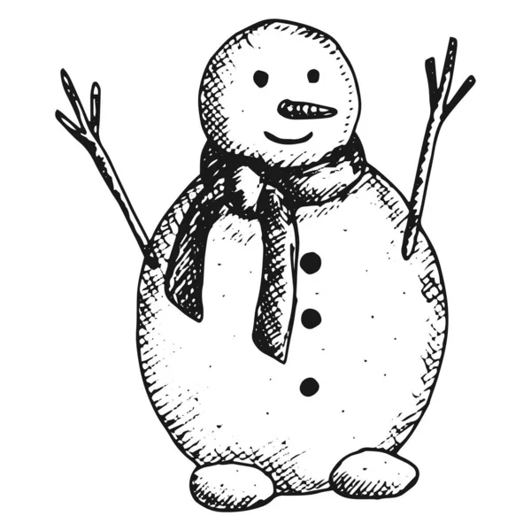 Сніговик Шарфом Намальований Вручну Новий Рік Різдво — стоковий вектор
