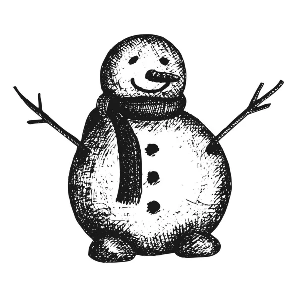 Sneeuwman Met Sjaal Met Hand Getekend Vector Illustratie Voor Nieuwjaar — Stockvector