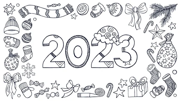 Duży Zestaw Elementów Christmas Design Stylu Doodle Kaligrafia 2023 Baner — Wektor stockowy
