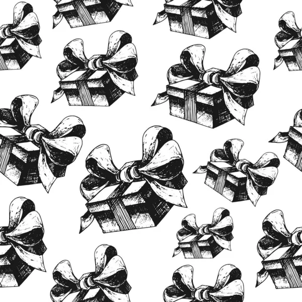 Безшовний Фон Подарунковими Коробками Рука Намальована Векторними Коробками Луками День — стоковий вектор