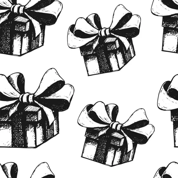 Чорно Білий Безшовний Фон Подарунковими Коробками Луками Фон День Народження — стоковий вектор