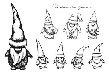 Christmas elves/gnomes. Vector hand drawn illustration of little bearded men in big caps covering their eyes. Festive New Year's gnomes clipart