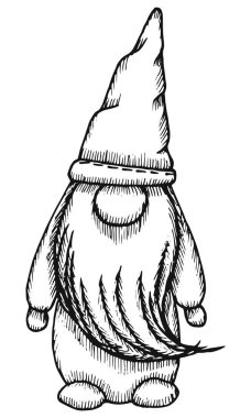 Noel elfi ya da cücesi. Vektör el çizimi, büyük şapkalı küçük sakallı bir adamın çizimi. Şenlikli Yeni Yıl Cücesi