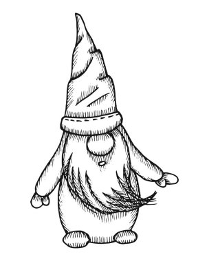 Noel elfi ya da cücesi. Vektör el çizimi, büyük şapkalı küçük sakallı bir adamın çizimi. Şenlikli Yeni Yıl Cücesi