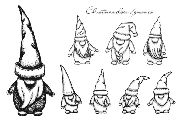 Elfos Gnomos Navideños Ilustración Dibujada Mano Vectorial Pequeños Hombres Barbudos — Archivo Imágenes Vectoriales