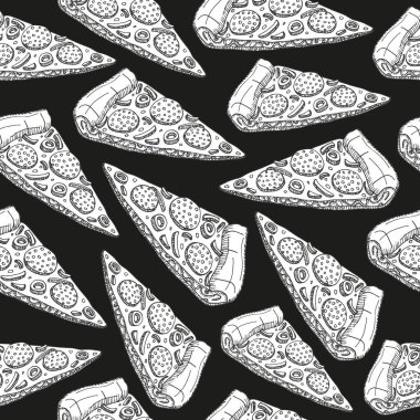 Kusursuz vektör arkaplanı ve pizza dilimlerinin grafikleri. Koyu arkaplanda pizza.