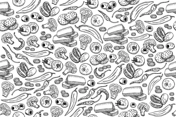 Seamless background with ingredients for cooking. Vector background with hand drawn products