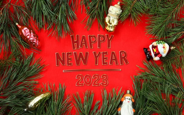 Happy New Year 2023 Christmas Composition Red Background Fir Branches — Stock Photo, Image