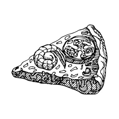 Karidesli pizza dilimi, arka plandan izole edilmiş vektör el çizimi. Deniz mahsullü pizza.