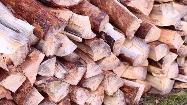 Firewood Empilhado Numa Pilha Close Vida Rural Preparação Para Inverno — Vídeo de Stock