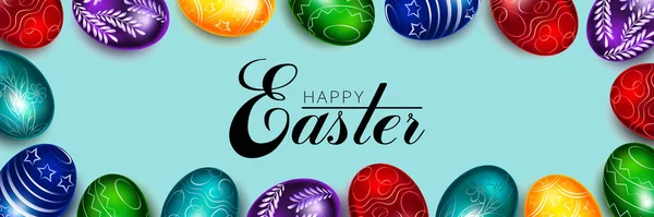 Easter frame made of bright eggs on a light blue background with congratulations in the center. Festive banner. Happy easter.