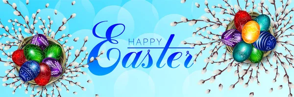 Festive banner with willow, nest and easter eggs on a blue background. Happy Easter banner. Egg Hunt 2