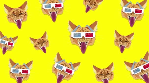 Κόκκινη Γάτα Τρισδιάστατα Γυαλιά Αναβοσβήνει Πολύχρωμο Φόντο Ακροφύσια Των Γατών — Αρχείο Βίντεο