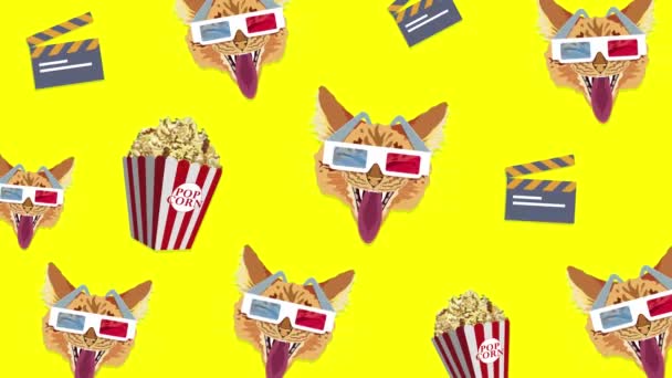 Blinka Katt Ansikten Glasögon Ljus Bakgrund Loopas Bakgrund Med Popcorn — Stockvideo