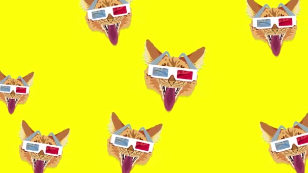 Parlak Bir Arka Planda Boyutlu Gözlüklü Kedi Yüzleri Döngülü Arkaplan — Stok video