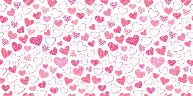 Seamless background with different stylized hearts. Background for Valentine's Day, birthday or wedding. Pink hearts on a white background