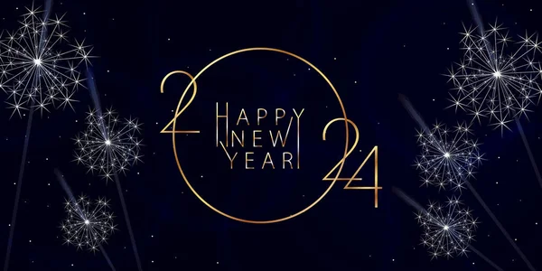 2024 Happy New Year background design. Golden inscription 2024 and Happy New Year on a dark blue background, sparklers. Vector illustration