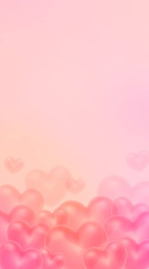 Background for Valentine's Day or Mother's Day. Pink vertical background with transparent hearts. Flying voluminous hearts.