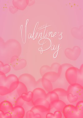 Banner with voluminous pink hearts and gold crumbs, calligraphic inscription