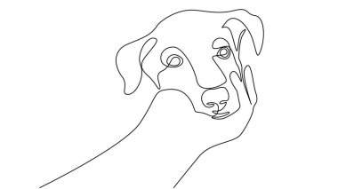 Human hand and dog muzzle. Linear drawing of friendship between human and dog. The puppy put its muzzle on the humans hand. Tattoo