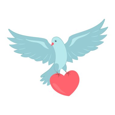 A stylized dove flies with a heart in its paws. Symbol of love and peace. Vector illustration for Valentine's Day