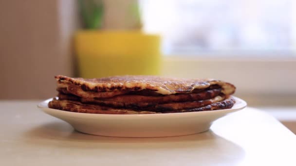 Sweet Homemade Thin Pancakes Crepes Stack Fresh Baked Crepes Raised — 비디오