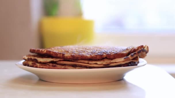 Cooking Homemade Pancakes Put New Pancake Stack Sweet Homemade Pancakes — Wideo stockowe