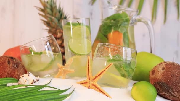 Summer Composition Cocktails Glasses Lemonade Glass Decanter Fruits Beach Cocktails — Stock video